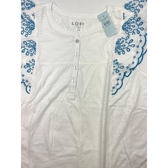 LOFT Women Petite Eyelet Flutter Henley Mixed Media Top L - Picture 8 of 14